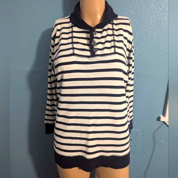 Striped Navy and White Pullover Sweater - Picture 1 of 8